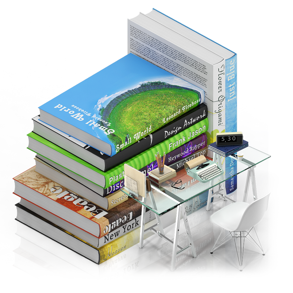 conceptual picture of bunch of books with study table