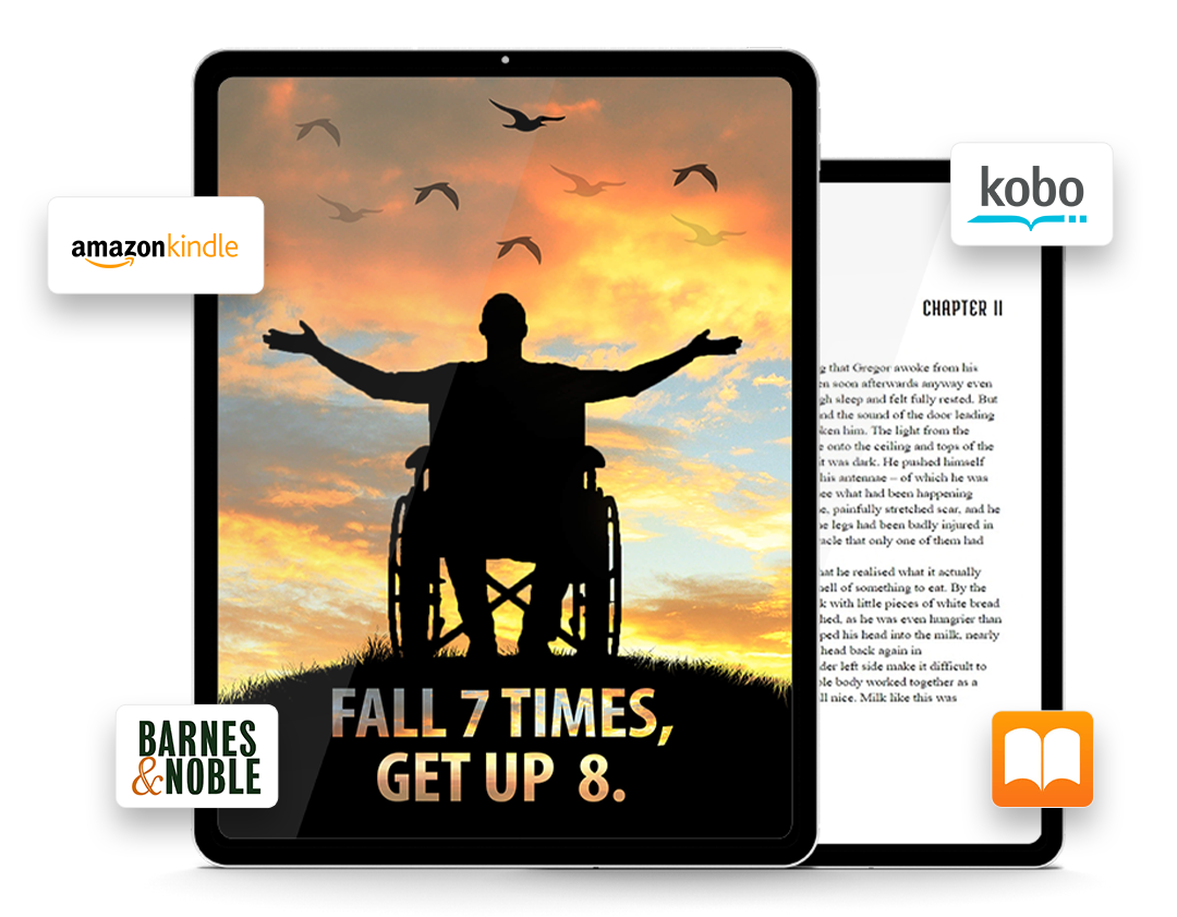 a tablet computer screen showing an ebook cover in which a person is sitting on a wheel chair with open arms